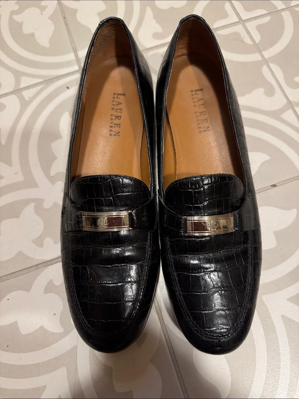 Lauren Ralph Lauren Black Croc-Embossed Leather Loafers with Silver Accent